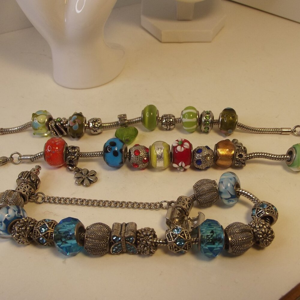 Lot of 3 Charm Bracelets Silver Tone Glass Charms